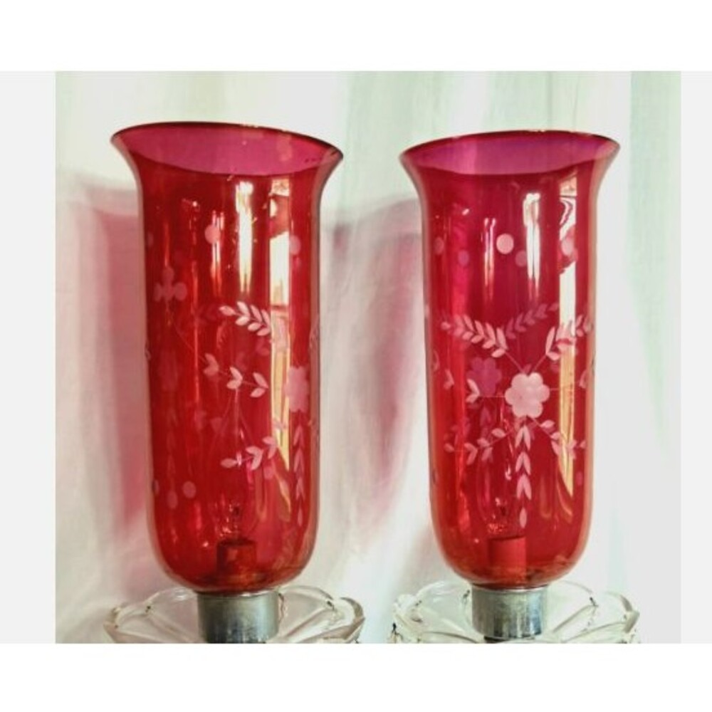 1950 Pair of 9” Cranberry Flashed Czech Glass Etched Hurricane Shades Lamp